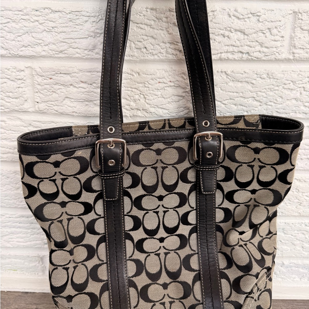 Vintage Y2K Coach Signature Canvas Tote Bag in Black/Tan